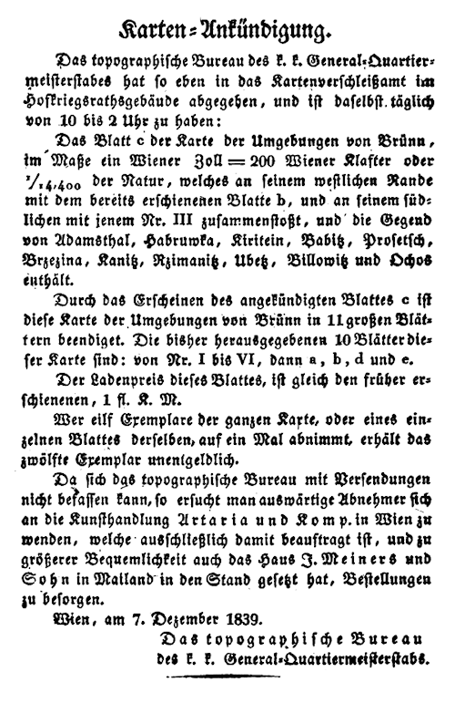 Nabídka mapy v Oesterreichische militärische Zeitschrift z r. 1839 (Zdroj: Google Books)